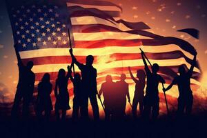 Silhouette von ein Gruppe von Menschen auf das Hintergrund von das amerikanisch Flagge, Silhouette von Jungs und Mädchen winken amerikanisch Flaggen, ai generiert foto