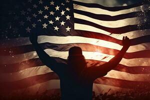 Silhouette von ein Mann mit angehoben Hände gegen digital generiert amerikanisch Flagge, Silhouette von Waffen angehoben winken ein USA Flagge mit Stolz, ai generiert foto