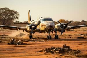 verlassen Flugzeug im das Wüste von Namibia, Afrika, klein Stütze Ebene, Landung auf Schmutz Landung Streifen im Afrika, ai generiert foto