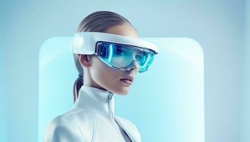 Frau tragen virtuell Wirklichkeit Brille. Zukunft Technologie Konzept. ai generiert. foto