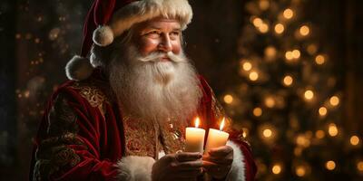 Santa claus halten ein Verbrennung Kerze. ai generiert. foto