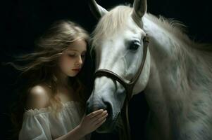 mitfühlend Mädchen Fahrer nehmen Pferd. generieren ai foto