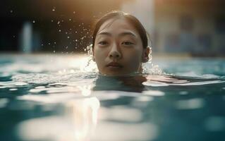 asiatisch Frau Schwimmen Innen- Schwimmbad Nahansicht Foto. generieren ai foto