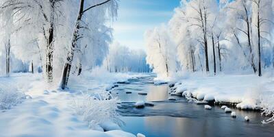 schön Winter Landschaft mit ein gefroren Fluss, Bäume und Blau Himmel. ai generiert. foto