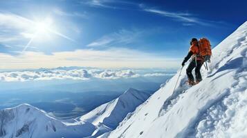 Bergsteiger mit Rucksack und Schneeschuhe auf das Hintergrund von Berge. ai generiert. foto