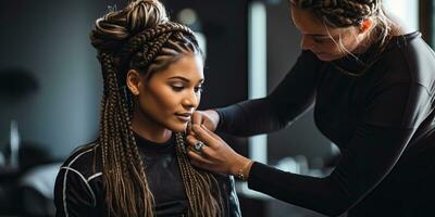 afrikanisch amerikanisch Friseur Arbeiten mit Dreadlocks im Salon. ai generiert. foto