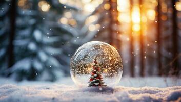 Weihnachten Baum im ein Glas Ball auf das Hintergrund von das Winter Wald ai generiert foto