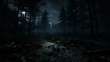mysteriös dunkel Wald beim Nacht mit Mondlicht. Halloween Konzept. ai generiert. foto