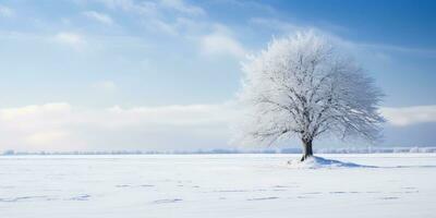 Winter Landschaft mit ein einsam Baum im das Mitte von ein schneebedeckt Feld ai generiert foto
