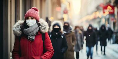 jung Frau tragen Gesicht Maske Gehen auf das Straße im Winter Zeit ai generiert foto