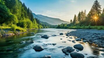 schön Sommer- Landschaft mit ein Berg Fluss ai generiert foto