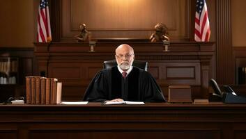 Richter Sitzung beim seine Schreibtisch im das Gerichtssaal. Gesetz und Gerechtigkeit Konzept. ai generiert. foto
