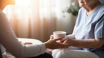 Pflegekraft geben Tasse von Tee zu Senior Frau ai generiert foto