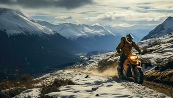 Motorradfahrer auf das schneebedeckt Straße im das Berge. ai generiert. foto
