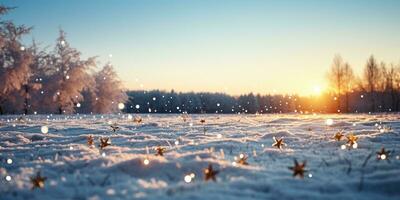 schneebedeckt Winter Landschaft mit Schneeflocken und Bäume beim Sonnenuntergang ai generiert foto