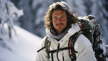gut aussehend jung Mann Wandern im das Berge mit Schneeschuhe. ai generiert. foto