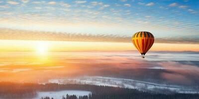 heiß Luft Ballon fliegend Über nebelig Wald beim Sonnenaufgang ai generiert foto