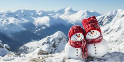 Schneemann Familie auf das oben von das Berg im Winter Jahreszeit ai generiert foto