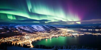 Nord Beleuchtung Aurora Borealis Über See und Berge beim Nacht im Winter ai generiert foto