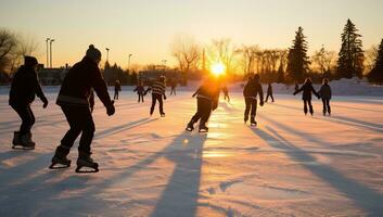 Gruppe von Menschen Skaten auf das Eis Eisbahn beim Sonnenuntergang. Winter Sport ai generiert foto