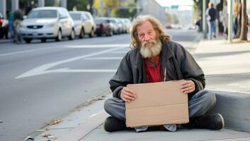 obdachlos Mann Sitzung auf das Straße und suchen beim das Kamera. ai generiert. foto