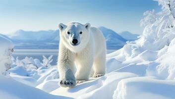 Polar- Bär im schneebedeckt Landschaft ai generiert foto