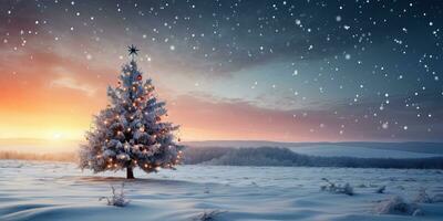 Weihnachten Baum auf ein schneebedeckt Feld beim Sonnenuntergang. ai generiert. foto
