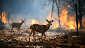 Weißwedel Hirsch Kitz im das Wald während das Feuer ai generiert foto