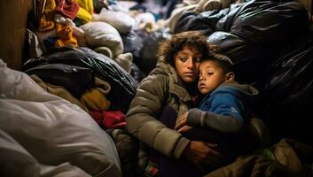 Junge und Mädchen Schlafen im ein Stapel von schmutzig Kleidung. ai generiert. foto
