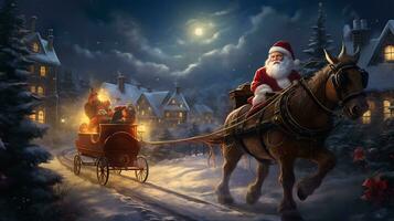 Santa in der Nähe von Schlitten im das Stil von Clever Kunst generiert durch ai foto
