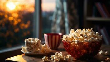 Popcorn im ein Glas Schüssel auf ein hölzern Tabelle im Vorderseite von das Fenster. ai generiert. foto