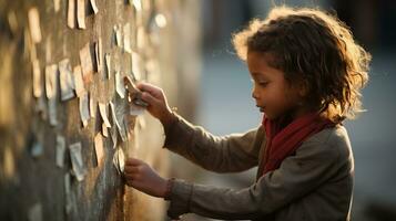 wenig Mädchen sieht aus beim das Mauer mit das Drohung von Krieg. ai generiert. foto