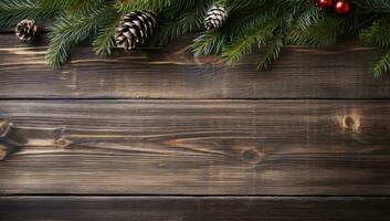 Weihnachten Tanne Baum Geäst auf hölzern Hintergrund. oben Aussicht mit Kopieren Raum. ai generiert. foto