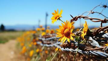 Sonnenblumen und mit Widerhaken Draht mit Blau Himmel im das Hintergrund. ai generiert. foto