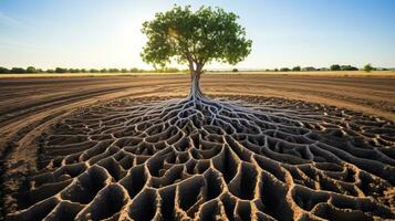 Baum wachsend im das Ackerland Land. Konzept von global Erwärmen. ai generiert. foto