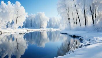 schön Winter Landschaft mit Fluss und Bäume im Raureif. ai generiert. foto