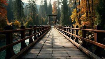 hölzern Brücke Über das Fluss im das Herbst Wald. ai generiert. foto