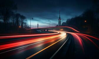 bunt Auto Licht Wanderwege, lange Exposition Foto beim Nacht, ai generativ