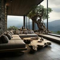 Innere Design, Leben Zimmer mit heiter Natur Sicht, schön Villa Design im das Wald, ai generativ foto