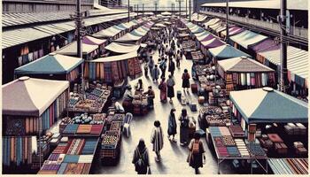 ein beschwingt draussen Markt Szene mit Stände gefüllt mit verschiedene Waren und Käufer interagieren, reflektieren das nostalgisch Gefühl von Risograph Drucke. ai generiert foto