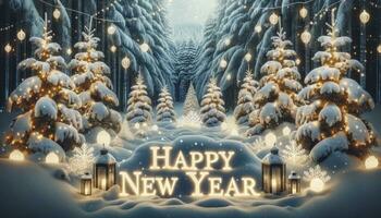 ein schneebedeckt Winter Szene mit hoch Kiefer Bäume und das Wörter glücklich Neu Jahr beleuchtet im das Schnee, umgeben durch funkeln Fee Beleuchtung und Laternen. ai generiert foto