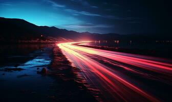 bunt Auto Licht Wanderwege, lange Exposition Foto beim Nacht, ai generativ