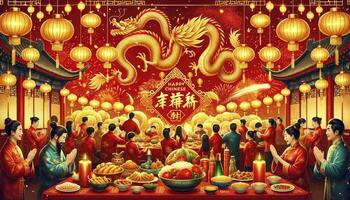 ein traditionell Chinesisch Neu Jahr Feier Szene mit ein beschwingt rot Hintergrund, golden Drachen, Laternen, Feuerwerk, und Familien versammelt. ai generiert foto