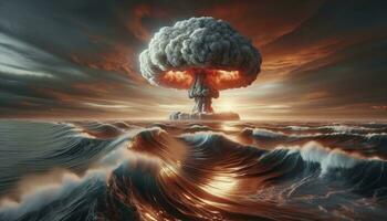 zeigen das Nachwirkungen von ein nuklear Detonation, mit ein hoch aufragend Pilz Wolke und das Meer Sieden unter. ai generiert foto