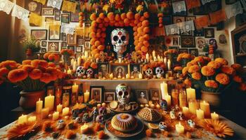 Tag von das tot. ein traditionell Altar geschmückt mit Ringelblume Blumen, Kerzen, Weihrauch, und Angebote mögen schwenken de muerto und Zucker Schädel. ai generativ. foto
