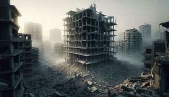 präsentieren ein Stadt Gebäude im Ruinen, betonen das tragisch Nachwirkungen von Konflikt. ai generiert foto