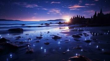 Fantasie Meereslandschaft, Nacht Aussicht von das Ozean, glühend Meer, schön sternenklar Nacht Himmel, verträumt Atmosphäre, ai generativ foto