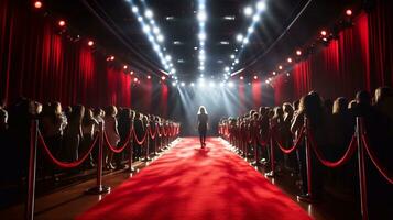 ein Bild von Reihen von Menschen Gehen auf rot Teppich im Theater, Film Premiere, Bühne oder Show Konzept generativ ai foto