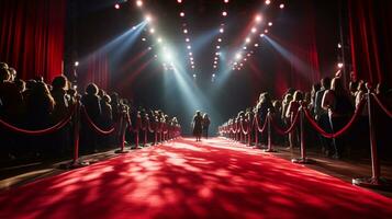 ein Bild von Reihen von Menschen Gehen auf rot Teppich im Theater, Film Premiere, Bühne oder Show Konzept generativ ai foto