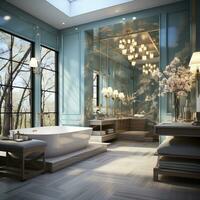 Innere Design von elegant geräumig Badezimmer, Luxus Badewanne, romantisch Atmosphäre, ai generativ foto